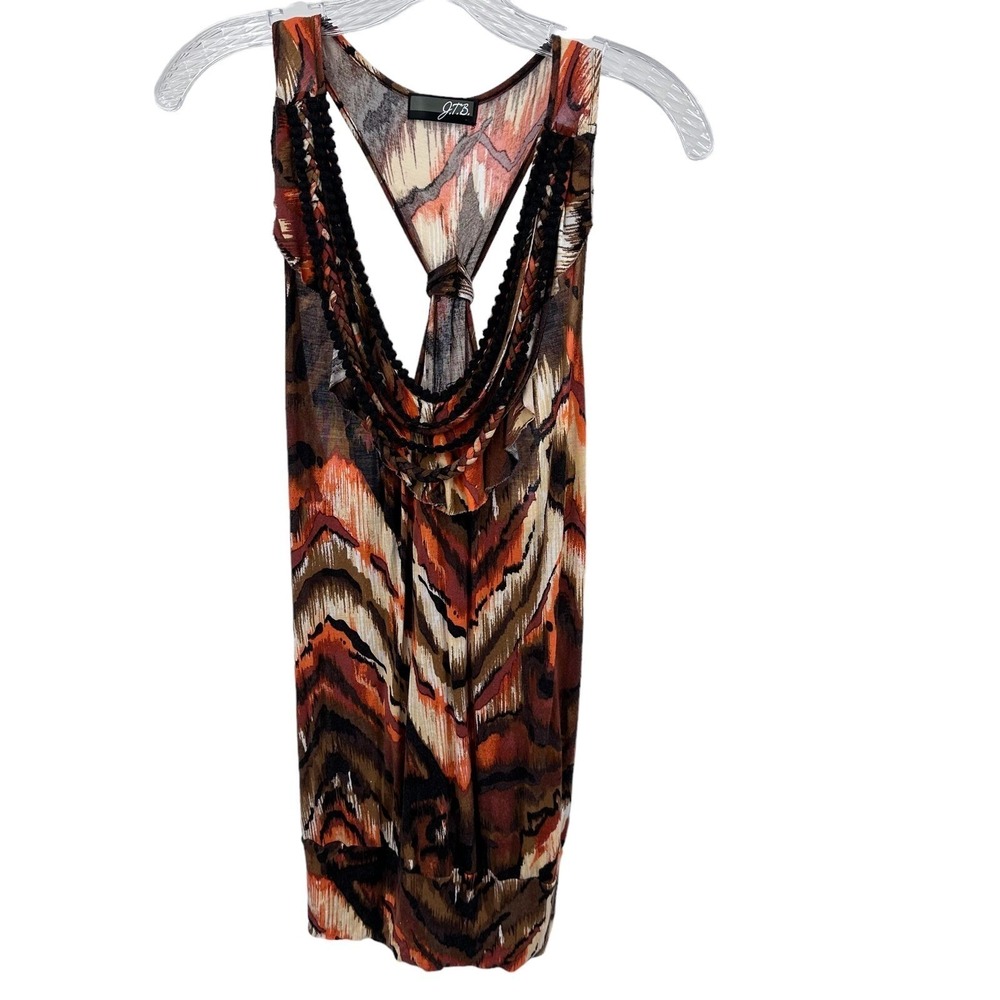 J.T.B. Abstract Print Women XL Beaded Braided Neck Racerback Tank Top Brown XL